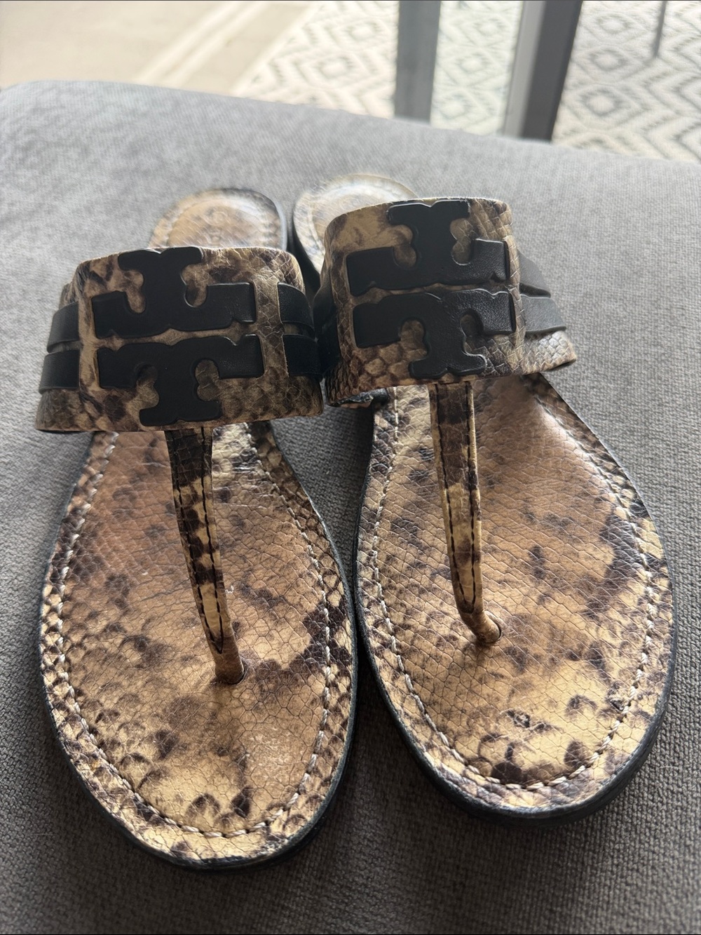 Tory Burch Snake-Print Thong Sandals with Black Logo